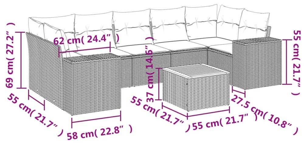 8 részes szürke polyrattan kerti ülőgarnitúra párnákkal