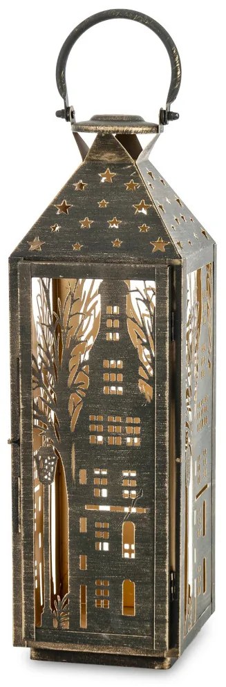 Óarany patinás fémkeretes mécsestartó lantern lámpás áttört fém házikó 58x16x16cm