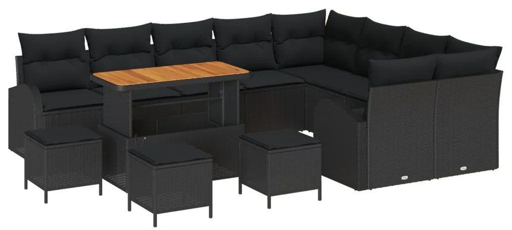 13 darabos kert kanapé szett párnákkal, fekete poli rattan akáci, 4 darabos kert étkezőszett párnákkal, fekete poli rattan akáci, 2 személyes kert kanapé párnákkal, fekete poli rattan