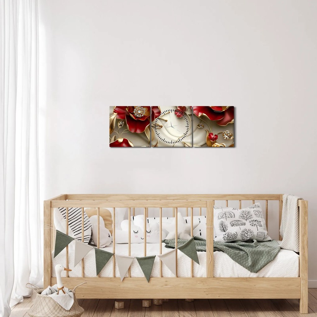 Kép - 3D piros-arany virágok (órával) (90x30 cm)