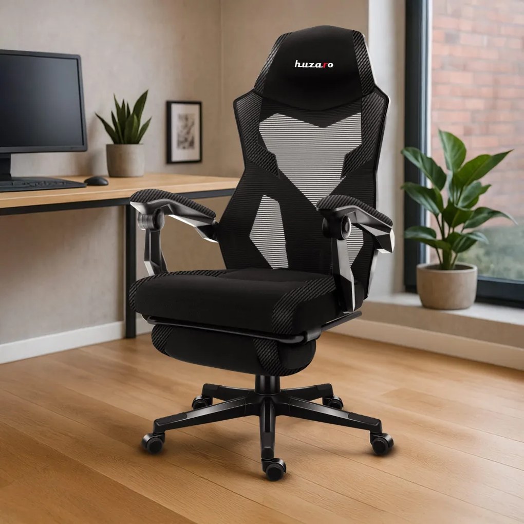 Gamer szék, lábtartó, lélegző anyag, ergonómikus kartámaszok, fekete