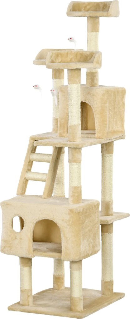 PawHut Nagy Macskakaparó 60x50x181 cm Több Kaparóoszloppal, Platformokkal, Lépcsőkkel, Barlangokkal, Játékokkal és Tevékenységi Központtal - Bézs | Ao