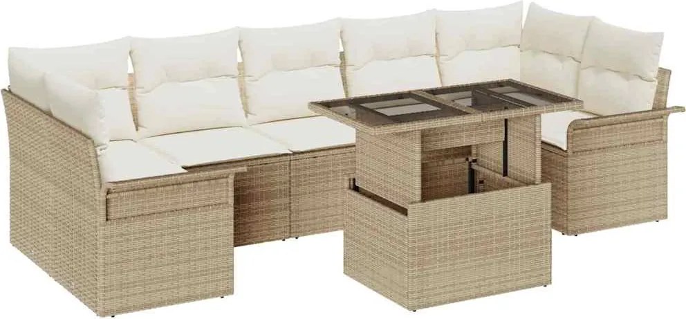 vidaXL Kerti Kanapé Szett párnával tárolóval 8 pcs Bézs Poly Rattan