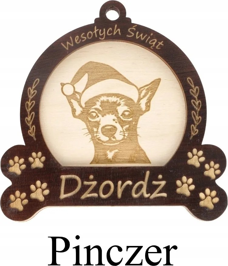 Karácsonyi gömb kutyussal Fából Készült karácsonyfadísz Pinczer