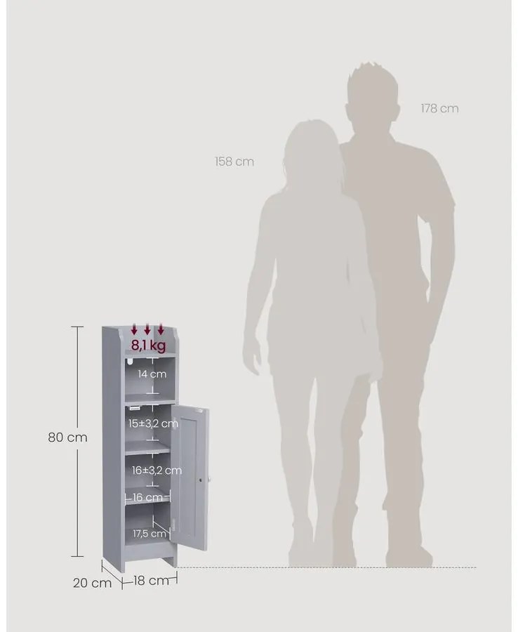 Keskeny fürdőszobai álló tárolószekrény 20x18x80cm, szürke