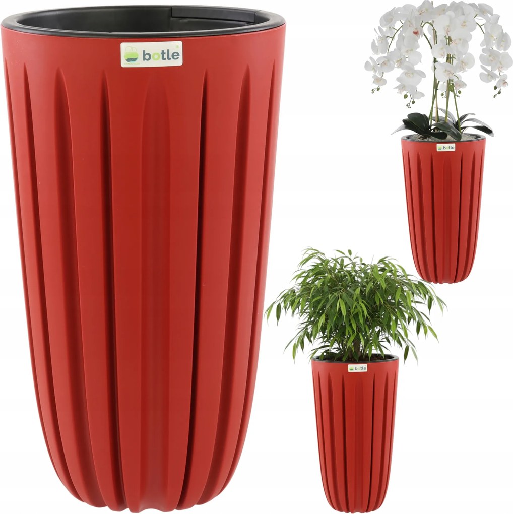 Virágtartó magas betét H 50cm piros kerek barázdált matt stílus