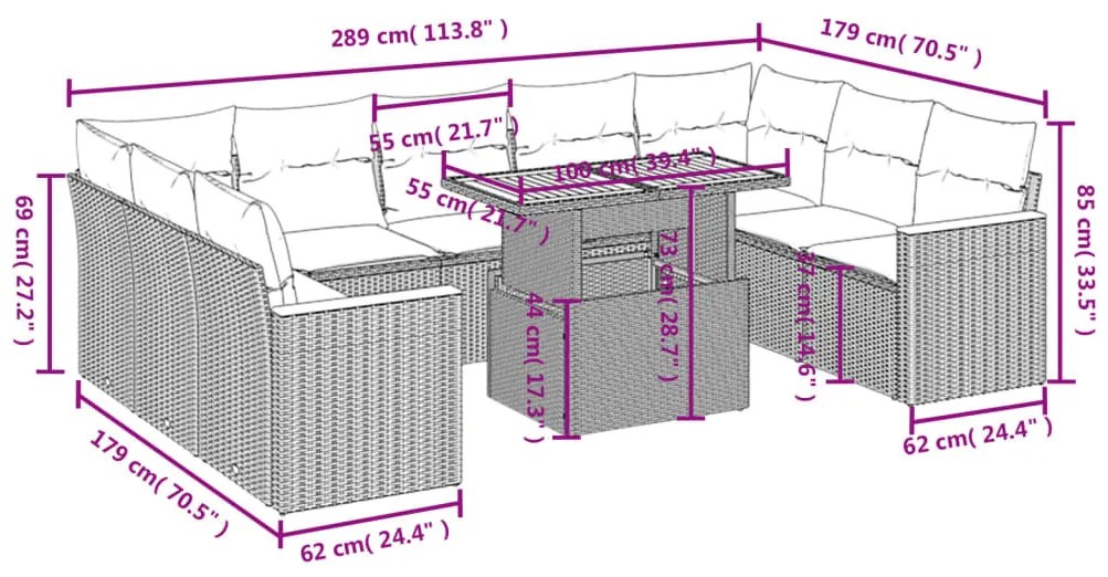 10 részes fekete polyrattan kerti ülőgarnitúra párnákkal