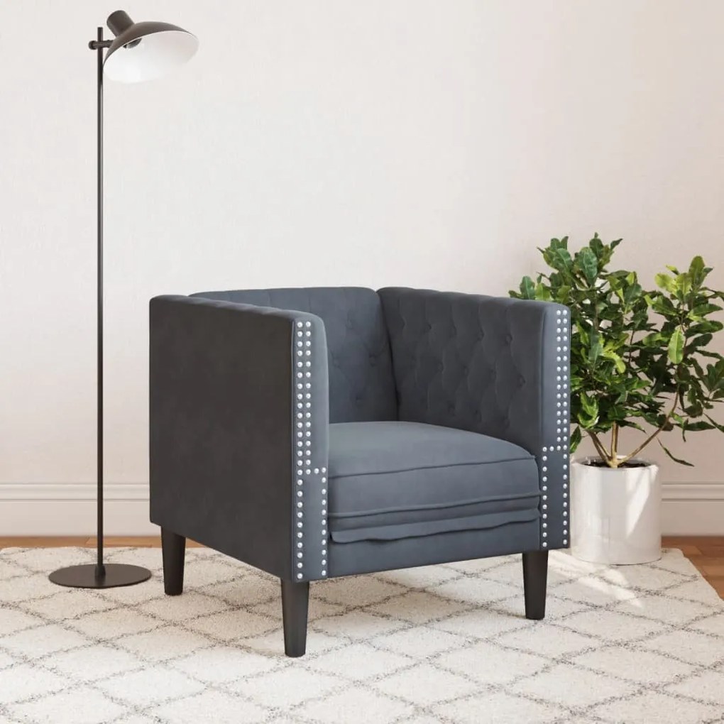 sötétszürke bársony Chesterfield kanapé