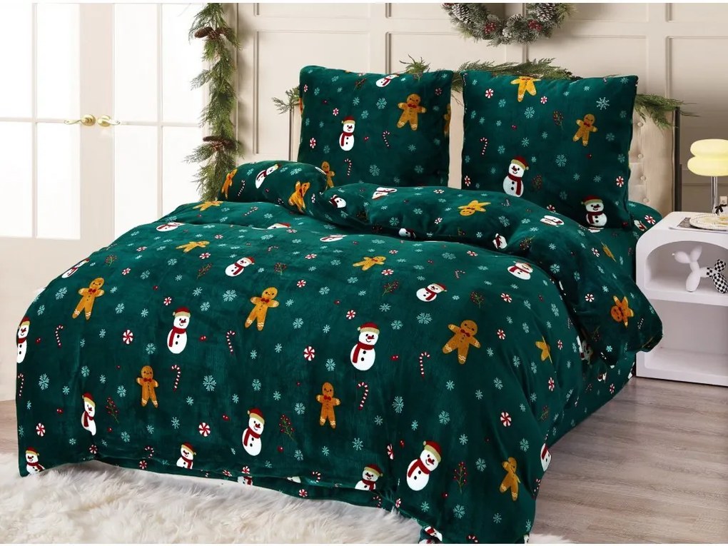 HÓEMBER ÉS GINGERBREAK zöld mikroplüss ágynemű + SOFT fehér mikroplüss lepedő 90x200 cm