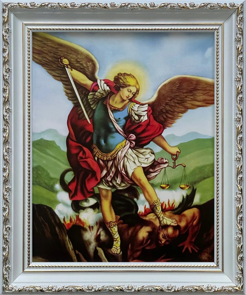 Vászonkép 31x26 Szent Mihály Arkangyal Fehér Díszített Keret