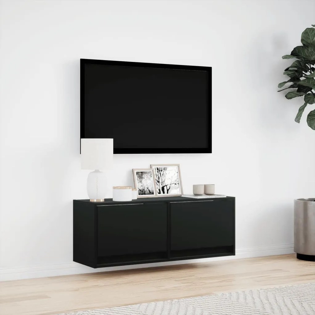 fekete fali TV-szekrény LED-világítással 100x31x35 cm