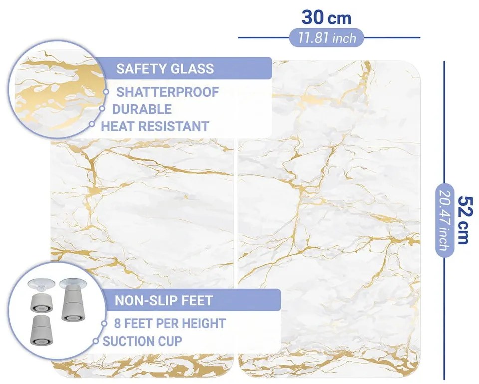 Fehér-aranyszínű edzett üveg tűzhely fedőlap szett 2 db-os 30x52 cm Marble – Wenko