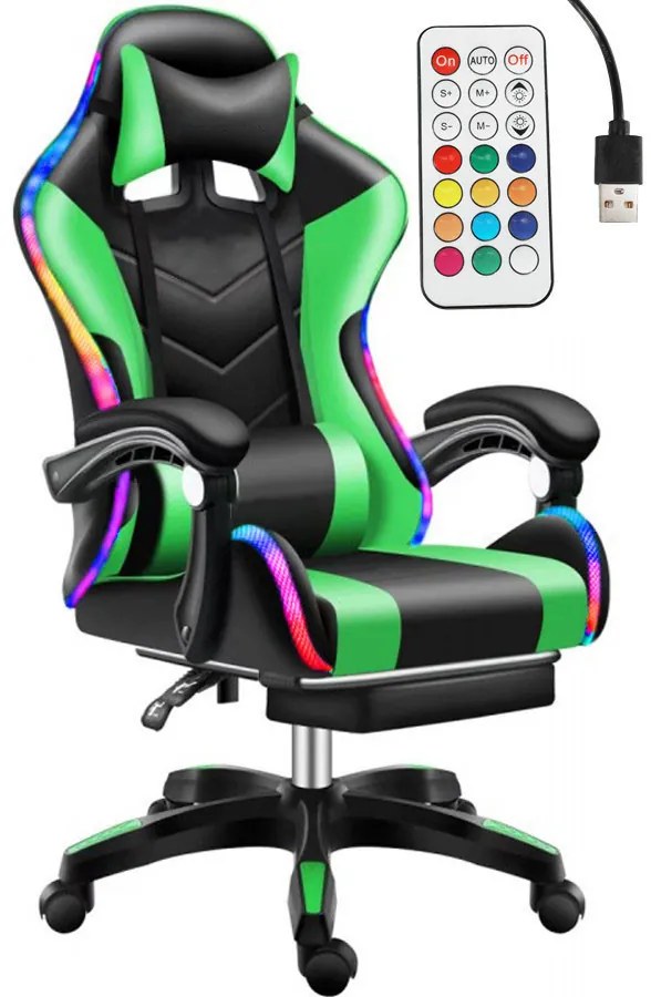 Likeregal 920 LED-es gamer szék lábtartóval zöld masszázs funkcióval TT-1114