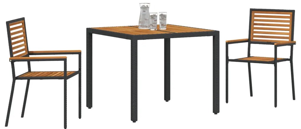 3 darabos Kerti Étkező Szett Fekete Poly Rattan Akácia, Egymásra Rakható Kerti Székek Párnákkal 2 db Fekete Poly Rattan