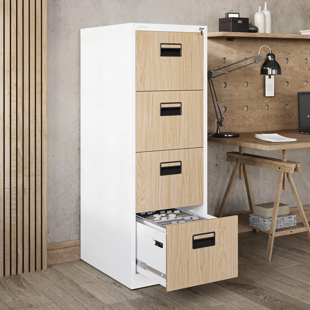 Fém irattartó szekrény, 4 fiókos SARA V4, 460 x 1320 x 620 mm, Eco Design: fehér/ sonoma tölgy