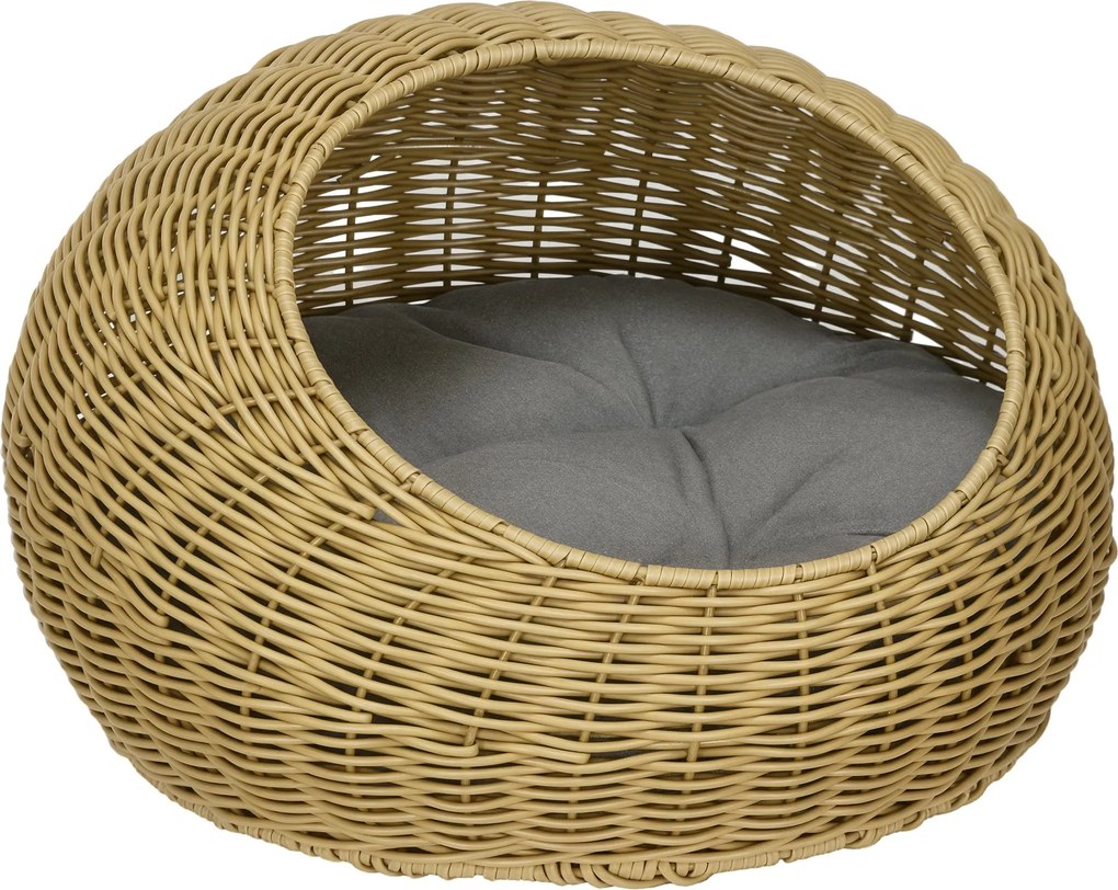 PawHut Rattan Macska Kosár Macska Ház Macska Kunyhó Párnával 4 kg-ig, Macska Ágy Macska Barlang, Belső Tér, PE Rattan, Ø50 x 31 cm, Világos Barna | Ao