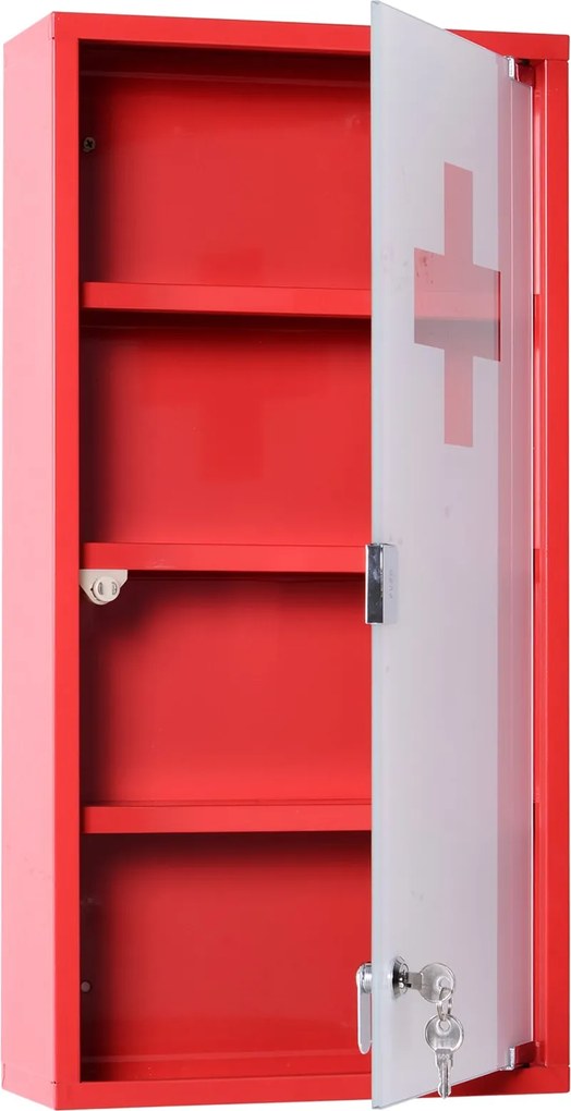 HOMCOM Gyógyszerszekrény - Orvosi Szekrény 3 Szinttel - Elsősegély Szekrény Zárral - Gyógyszertári Szekrény Homályos Üvegajtóval - Acél Piros 27cm x 5