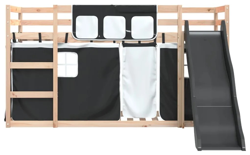 fehér-fekete emeletes ágy csúszdával és függönnyel 90 x 200 cm