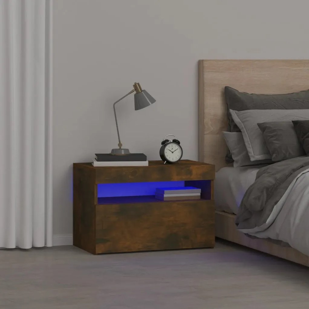 Füstös tölgy színű éjjeliszekrény LED világítással 60x35x40 cm
