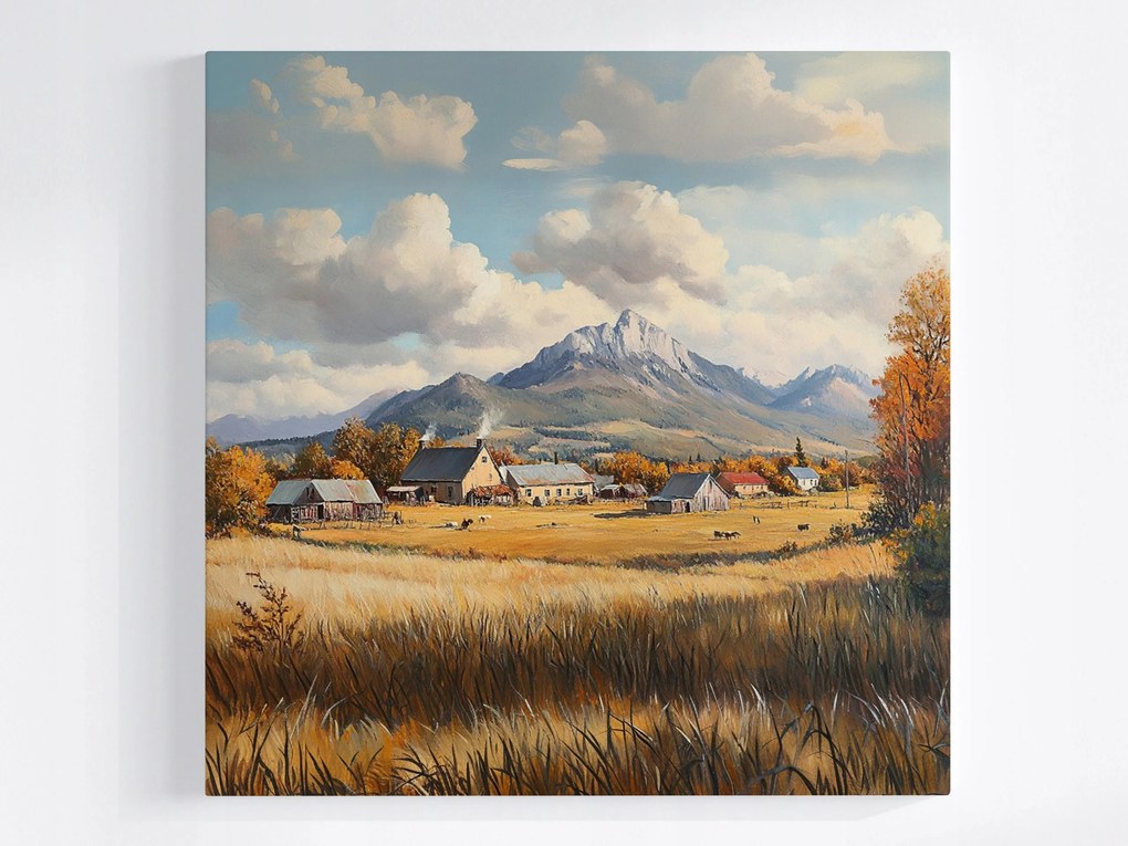 Vászonkép Canvas Tájkép Rusztikus Falu Házak Hegyek Mező Ősz 80x80