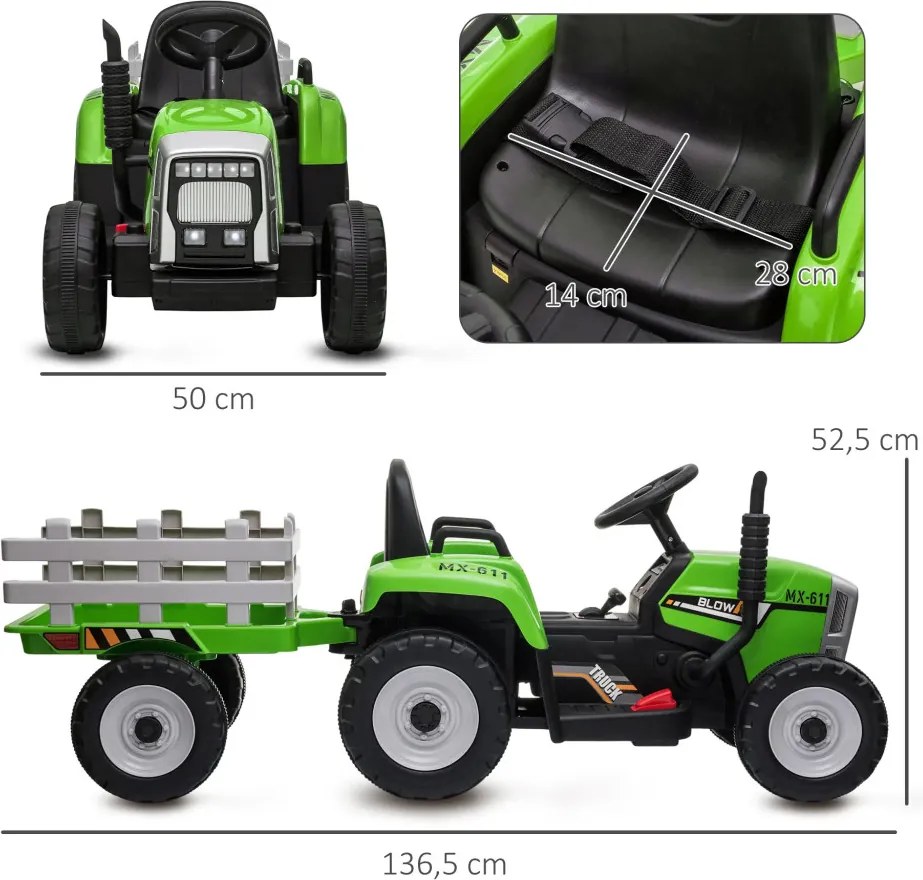HOMCOM Elektromos gyerekautó, gyerek traktor, szülői távirányítóval, max. 6 km/h sebesség; zöld-fekete