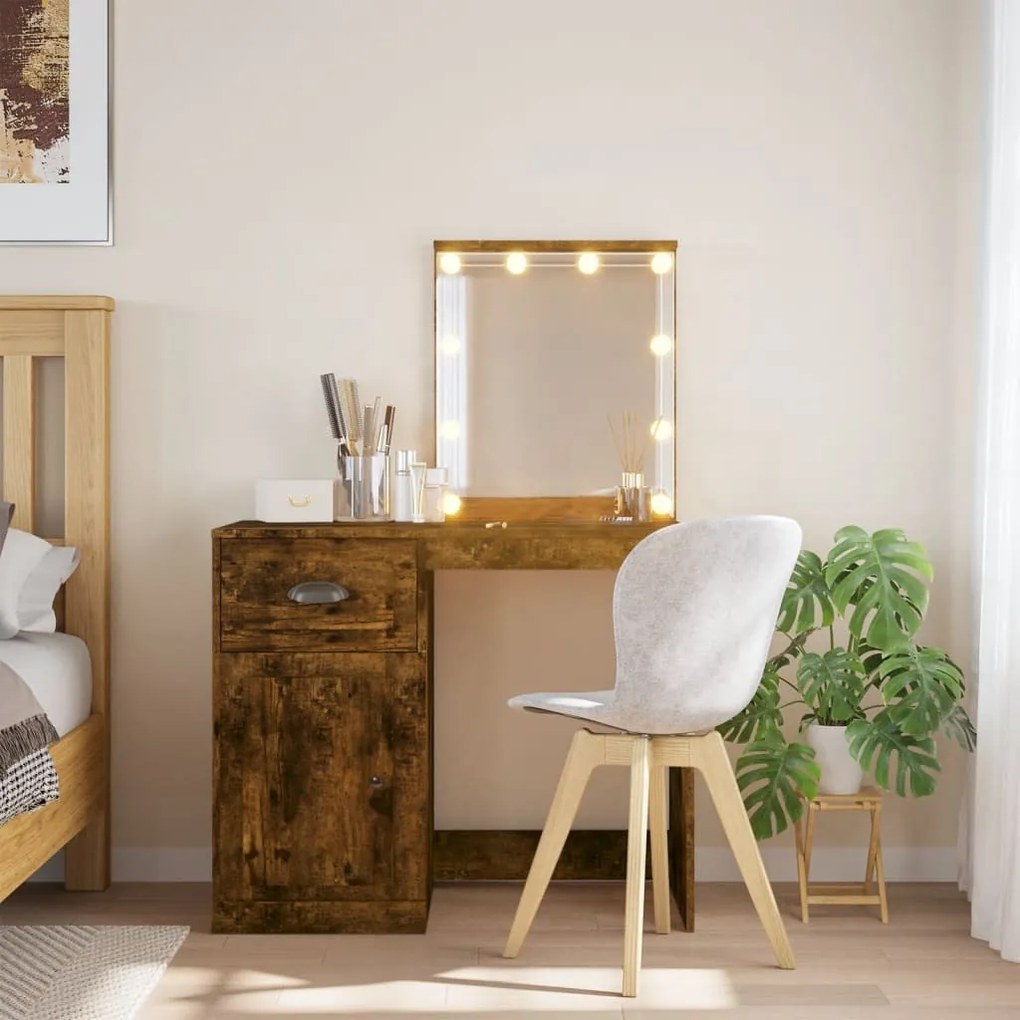 füstös tölgy színű fésülködőasztal LED-lámpákkal 90x42x132,5 cm