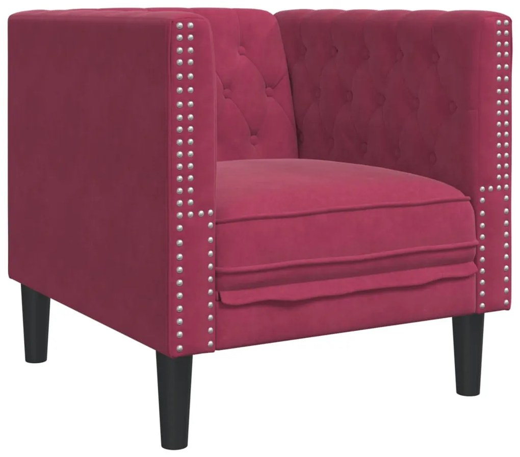 3 részes bordó bársony Chesterfield kanapészett hengerpárnákkal