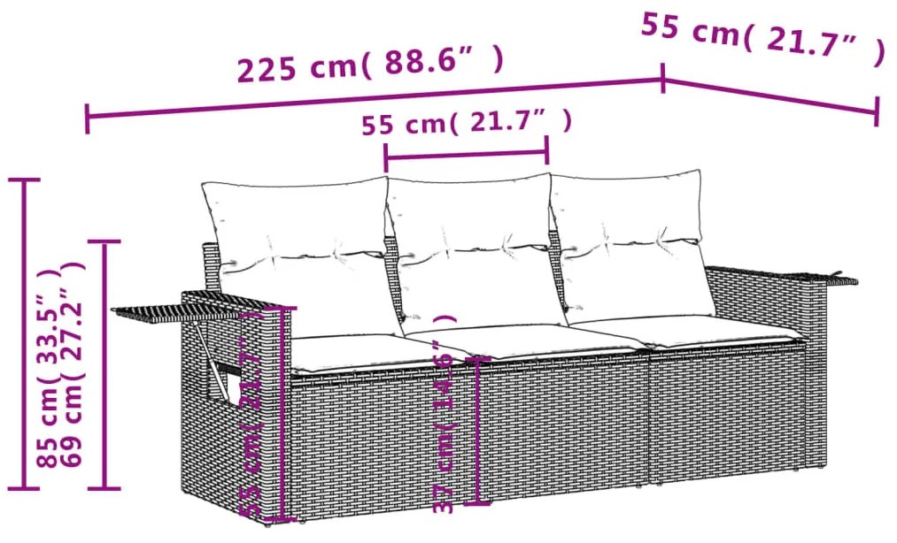 3 részes fekete polyrattan kerti ülőgarnitúra párnával