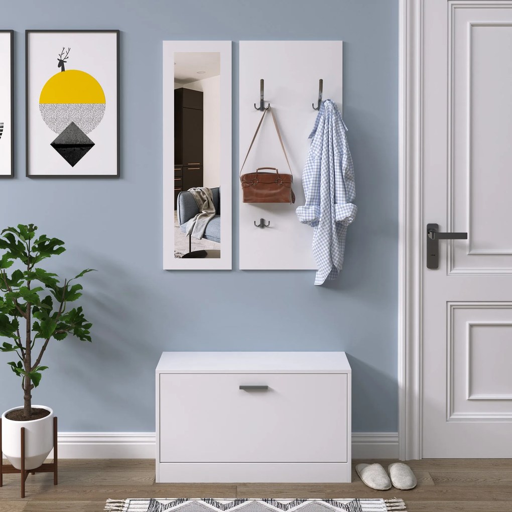 HOMCOM Előszobabútor Szett - 3 Részes Cipőszekrény, Tükör, Kabátakasztó 4 Akasztóval - 80x27x46.5 cm Fehér | Aosom