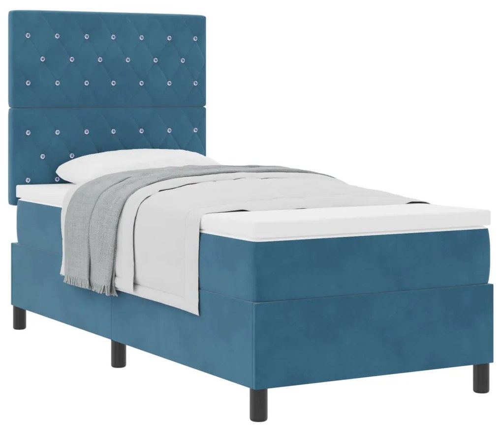 Boxspring Ágy Matrac Kék Egyszemélyes Bársonyos