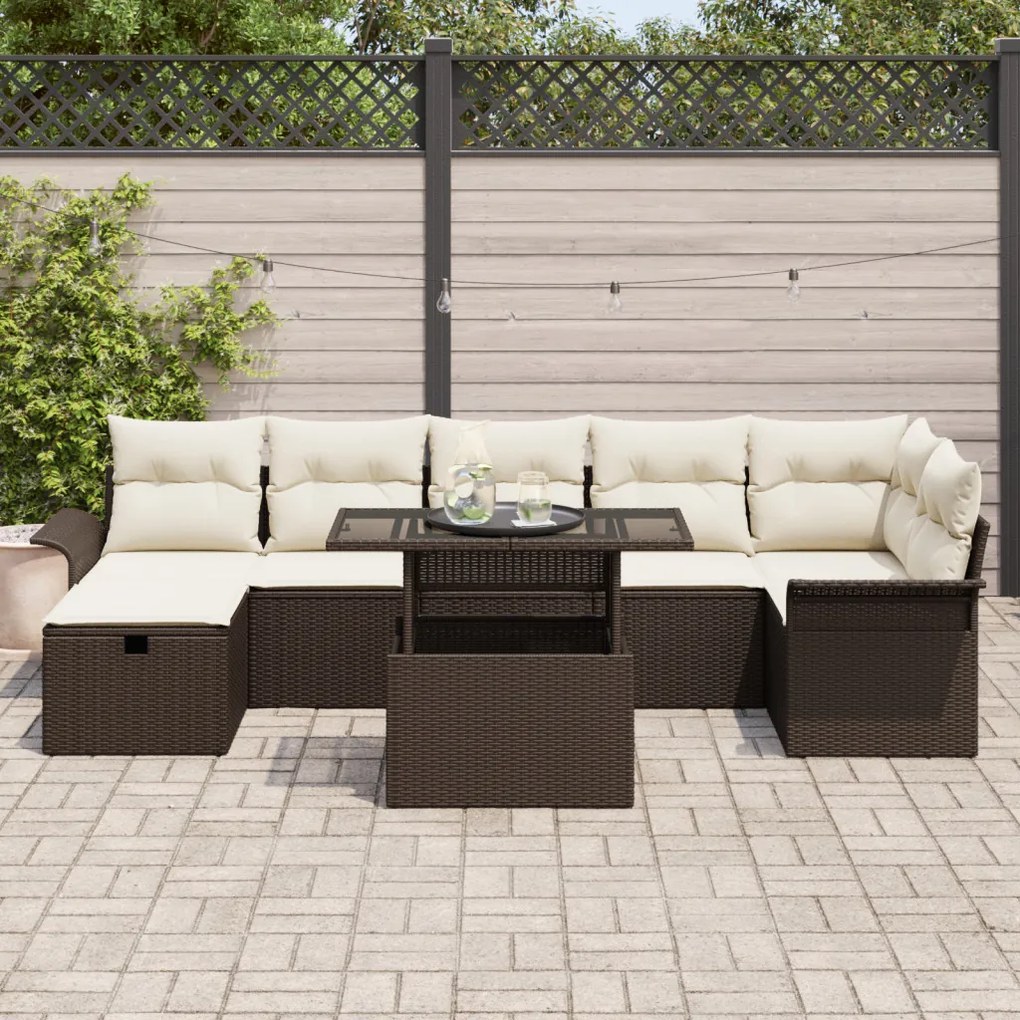 8 Részes Kert Sofaszett Párnákkal Barna Poli Rattan, 2-Személyes Kert Sofa Tárolóval és Párnákkal Barna Poli Rattan
