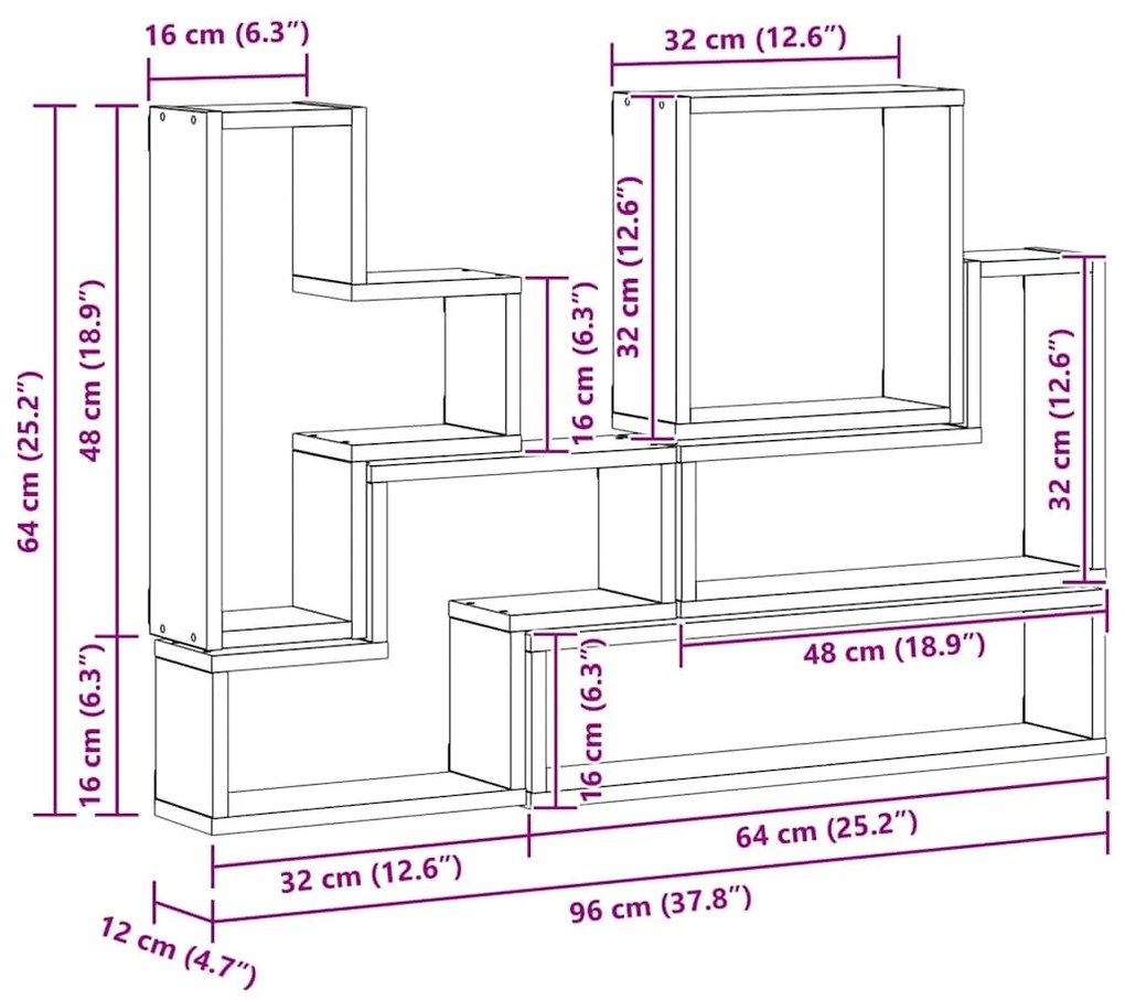 Fal Cube polcokkal Egyéb Musta tammi 96 x 12 x 64 cm Faanyag