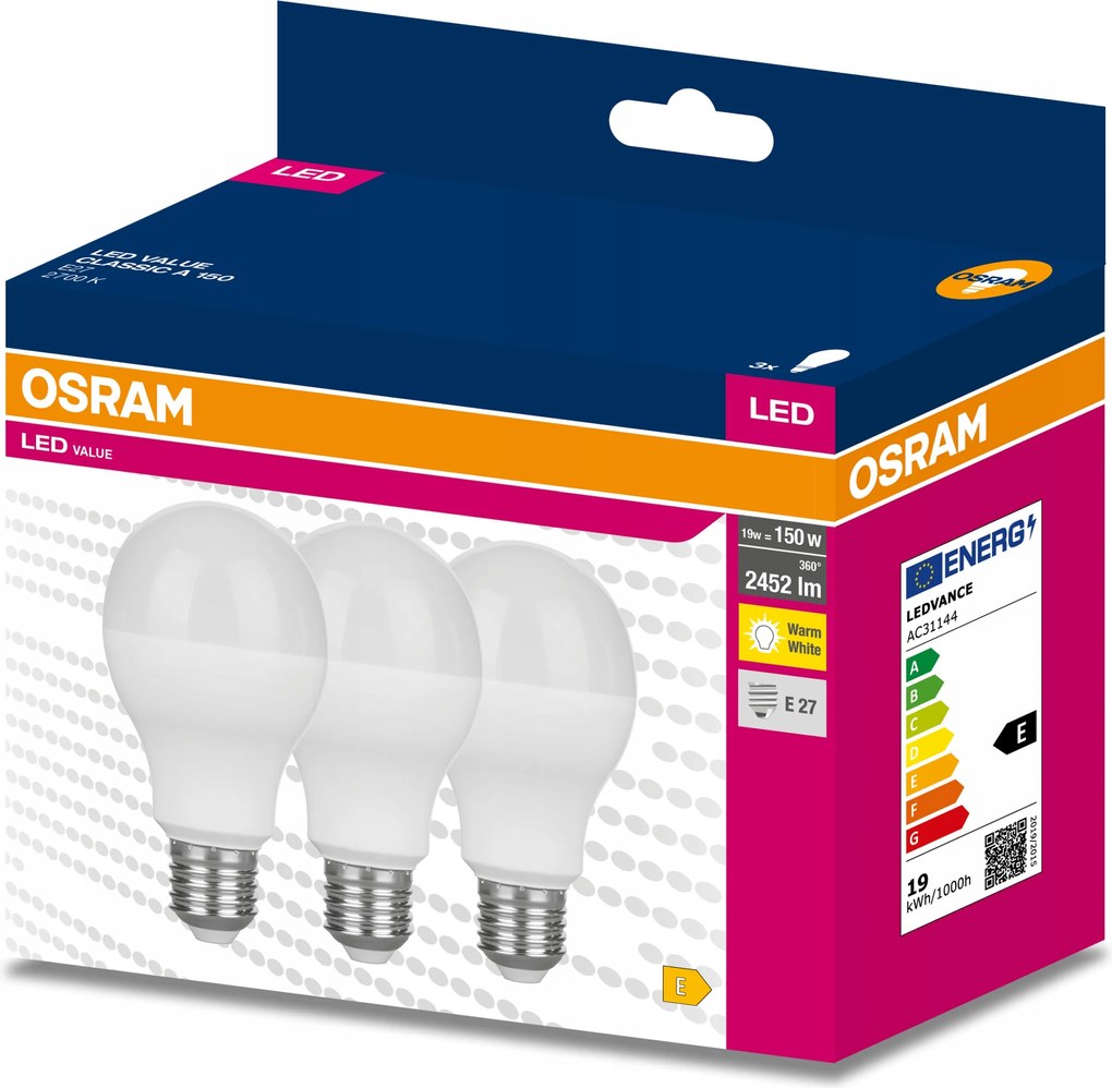 3x Led izzó E27 A68 19W 150W 2452lm 2700K Meleg 200° Osram Value