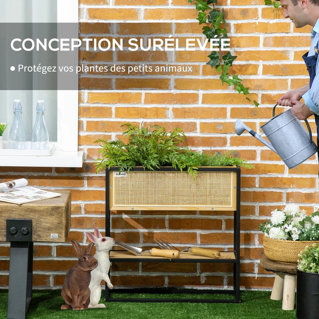 Outsunny Téglalap alakú Emelt Virágtartó Alsó Polccal, Külső Négyzet alakú Zöldségkert - Fém és Fa - 55 x 20 x 56 cm | Aosom