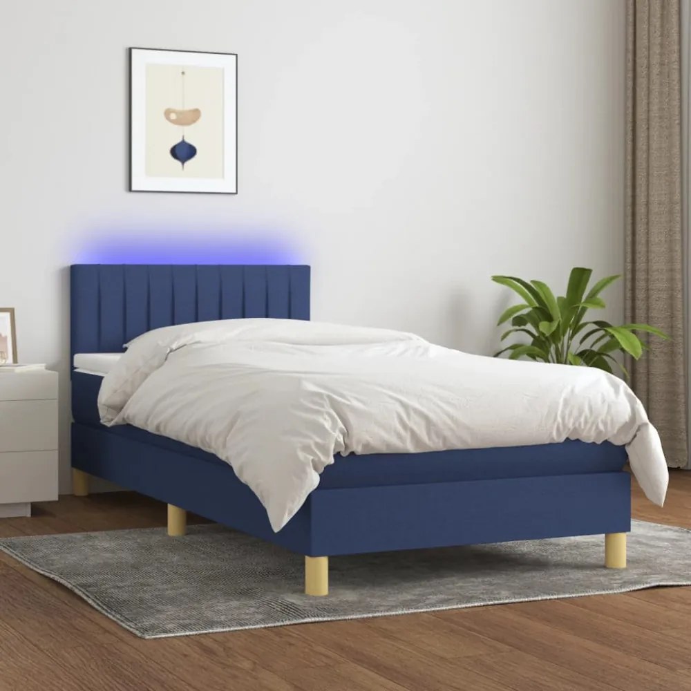 kék szövet rugós és LED-es ágy matraccal 80 x 200 cm
