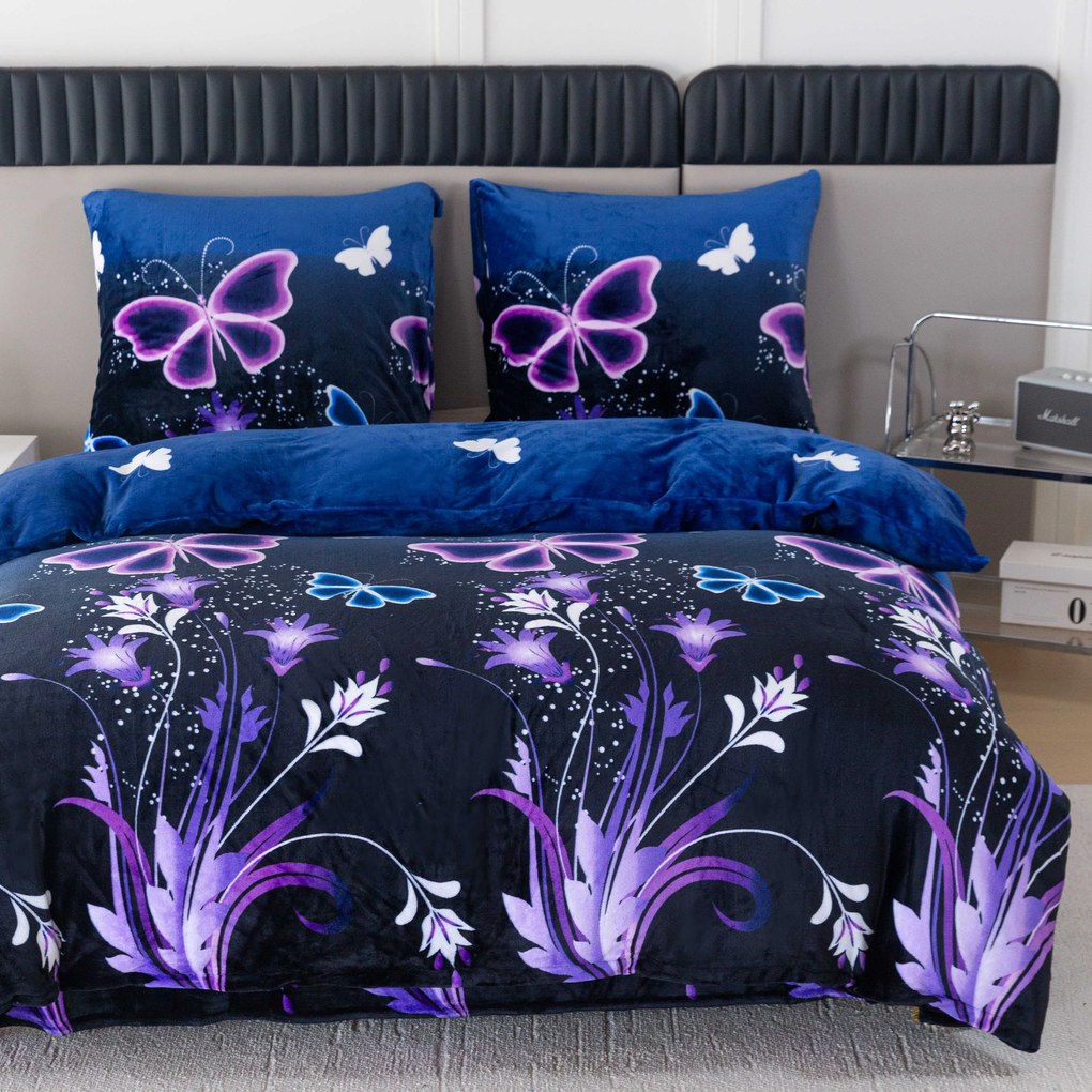 2 db Mikroplüss ágyneműhuzat szett VIOLET BUTTERFLY sötétkék + Mikroplüss lepedő SOFT 180x200 cm fehér, kétszemélyes ágyhoz
