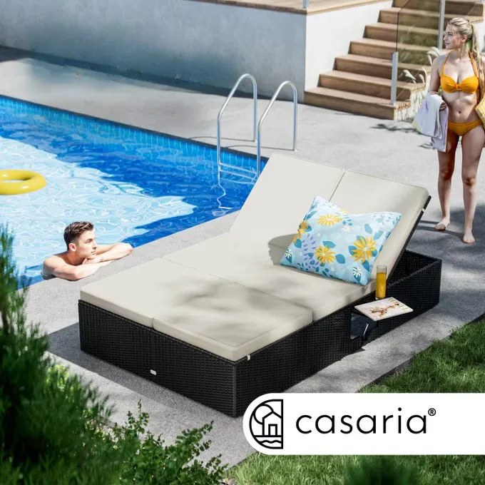 Deuba Kerti rattan ágy 200x115 cm fekete - krémszínű párnák