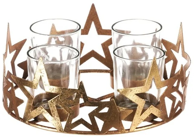 Adventi Csillag gyertyatartó üvegpoharakkal, fém, arany , 18 x 18 x 8 cm