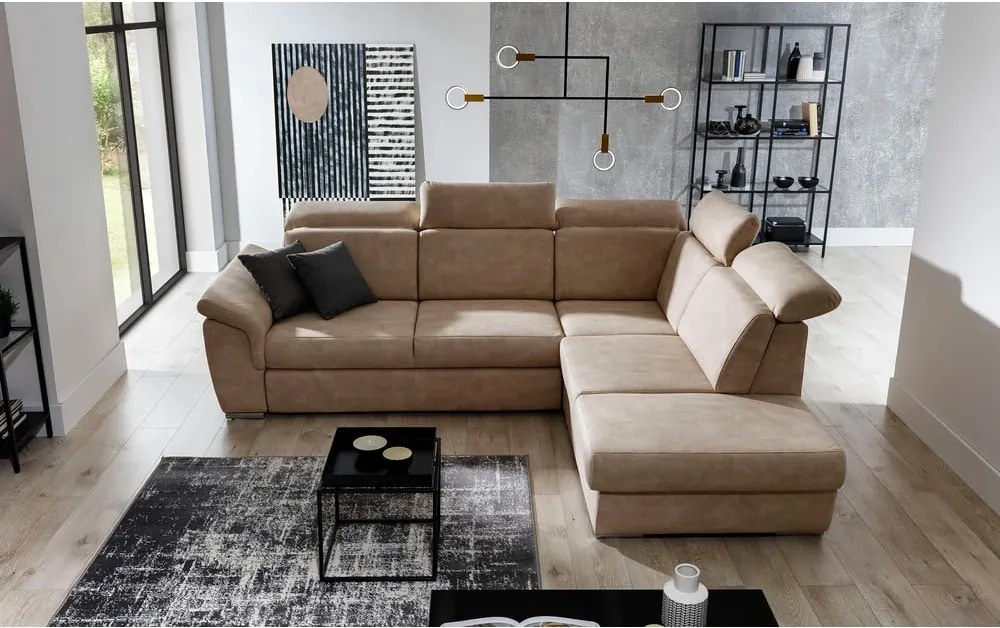 Bézs bársony kinyitható-tárolóhelyes sarokkanapé (jobb oldali-L alakú) Loreto – ELTAP