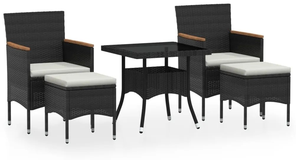 5 részes fekete polyrattan és edzett üveg kerti étkezőgarnitúra