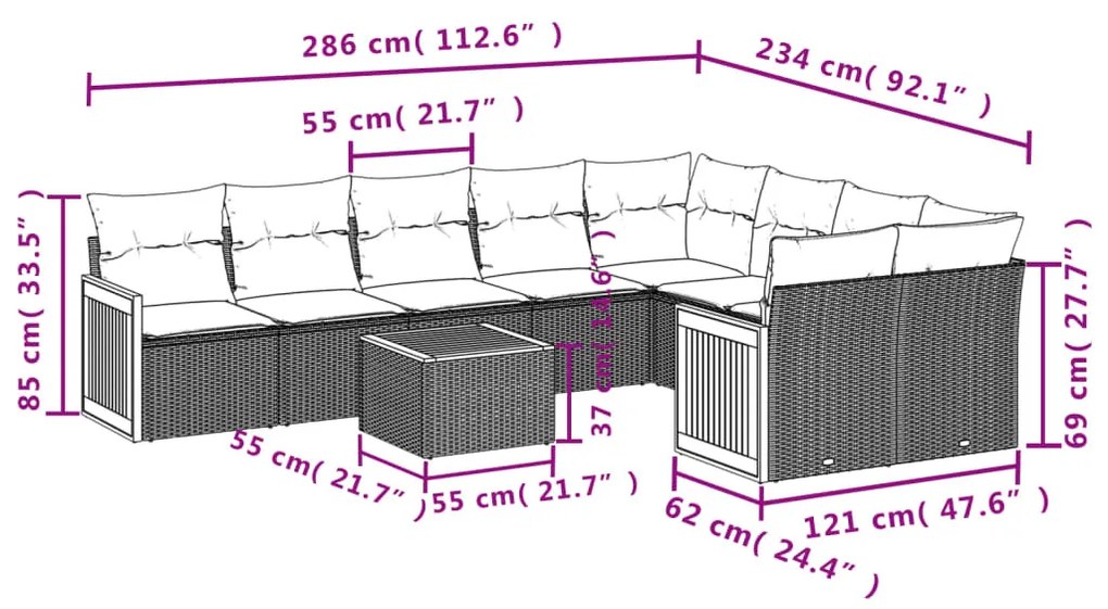 10 részes szürke polyrattan kerti ülőgarnitúra párnákkal