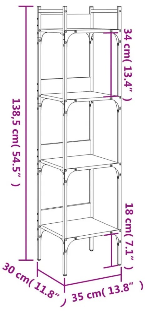 4 szintes barna tölgy szerelt fa könyvespolc 35 x 30 x 138,5 cm