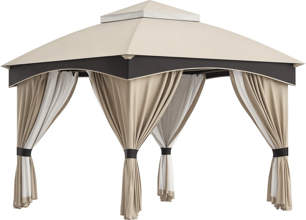 Outsunny 3x3m Acél Kertipavilon Két Rétegű Tetővel, Hálókkal és Függönyeivel, Bézs és Kávé | Aosom