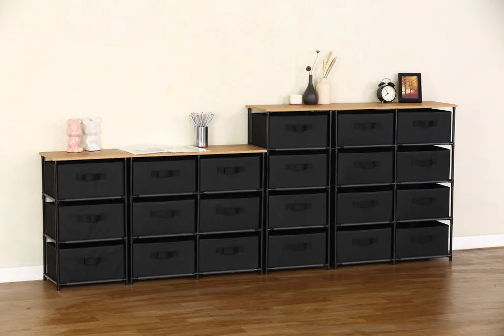 Intenso Home komód 8db szövet fiókkal 76x90cm | Fekete - arany tölgy vászonfiókos tároló