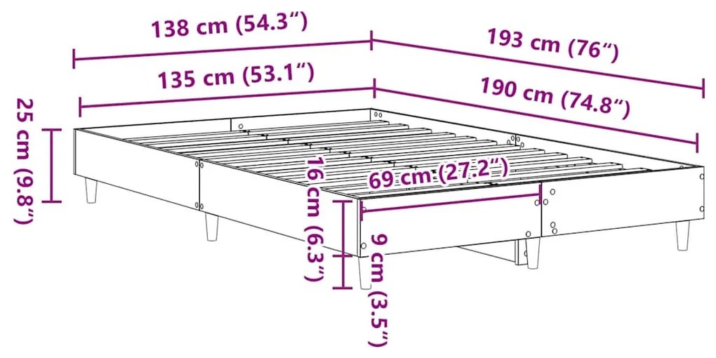 betonszürke szerelt fa ágykeret matrac nélkül 135 x 190 cm