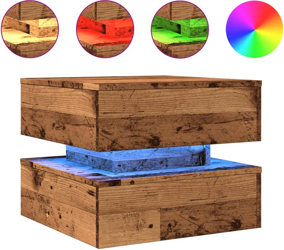 vidaXL antik fa színű dohányzóasztal LED-lámpákkal 50 x 50 x 40 cm