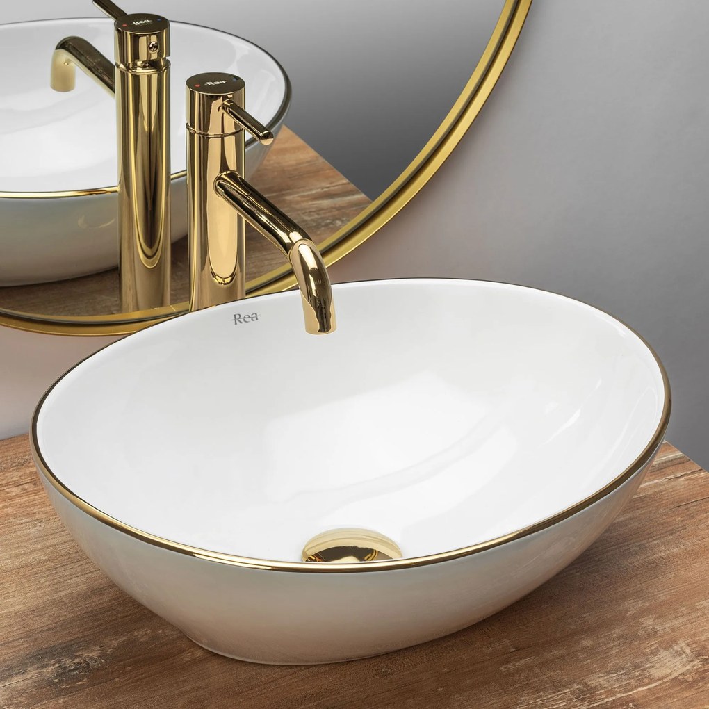 készlet Pultos mosdó Sofia gold edge + Fürdőszobai csaptelep Lungo gold + Dugó gold