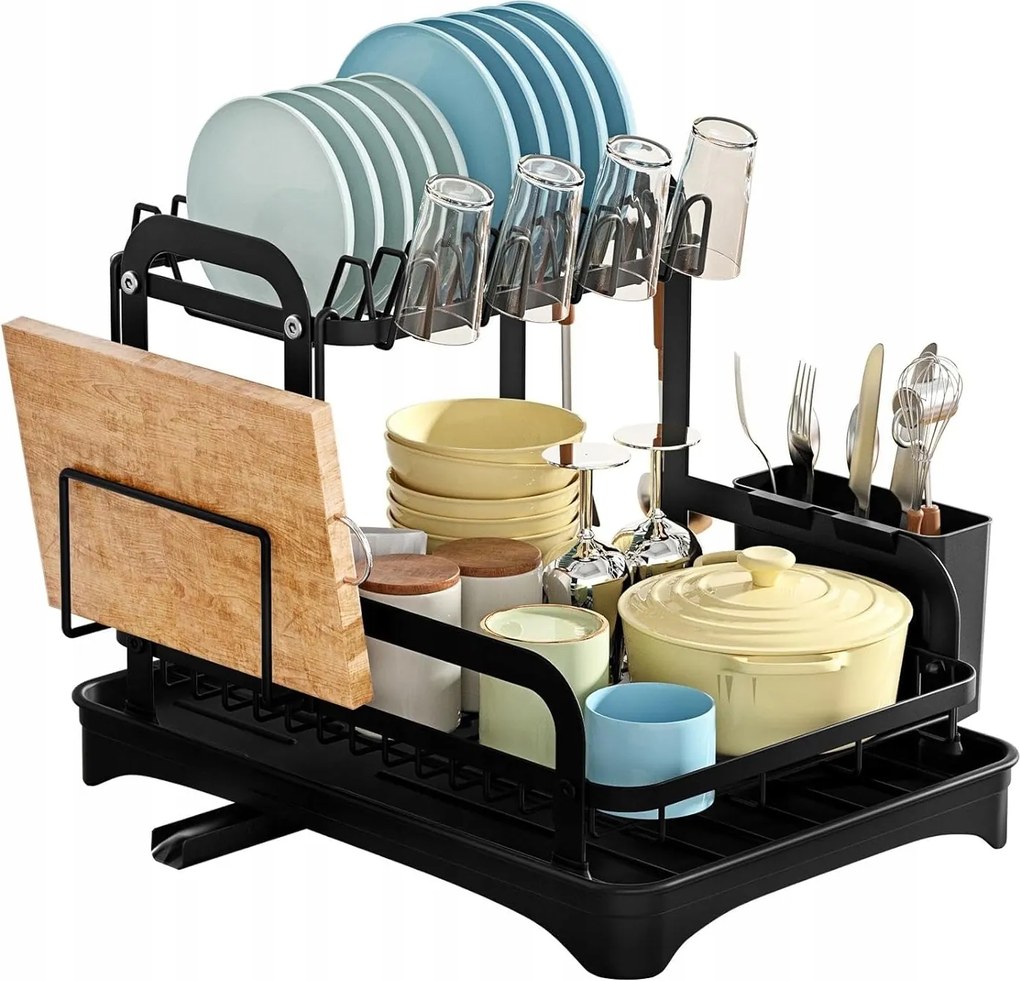 Edényszárító Kétszintes Tányérok Evőeszközök Csepegtető Edények Fekete