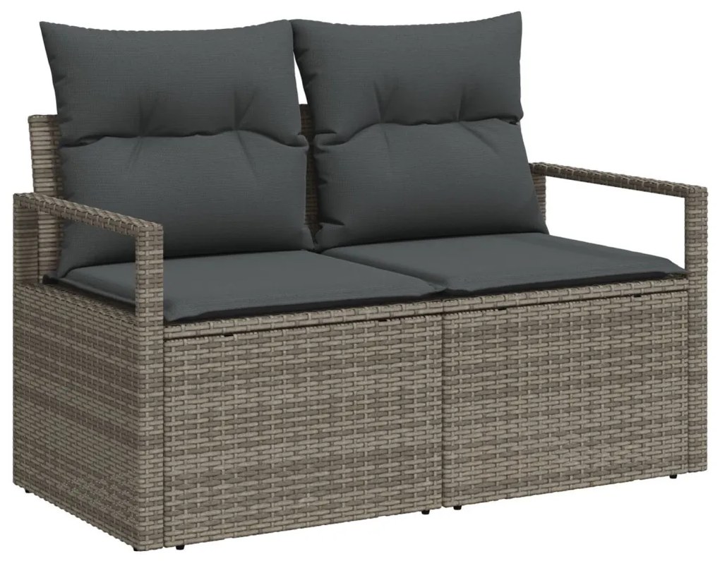 6 részes kert kanapé szett párnákkal szürke poli rattan akác, 2 üléses kert kanapé tárolóval és párnákkal szürke poli rattan