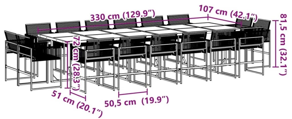 17 részes fekete polyrattan kerti étkezőgarnitúra